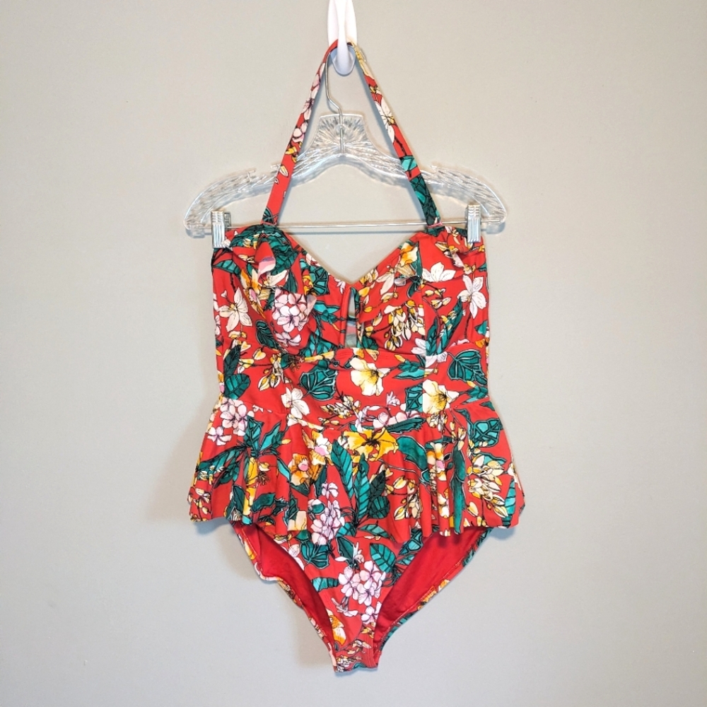 NWOT Forever 21 Red Floral Peplum One piece Swimsuit, size 2X